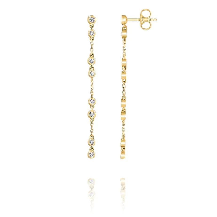 1/3CTW Diamond Bezel Set Long Chain Dangle Gold Stud Earrings