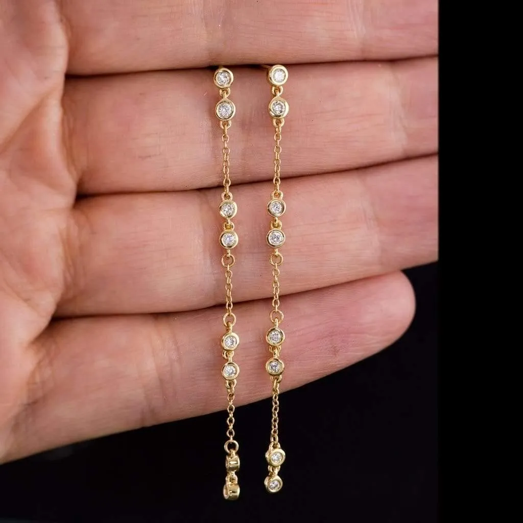 1/3CTW Diamond Bezel Set Long Chain Dangle Gold Stud Earrings