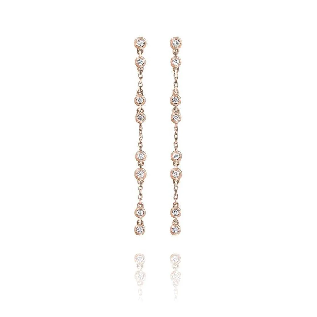 1/3CTW Diamond Bezel Set Long Chain Dangle Gold Stud Earrings