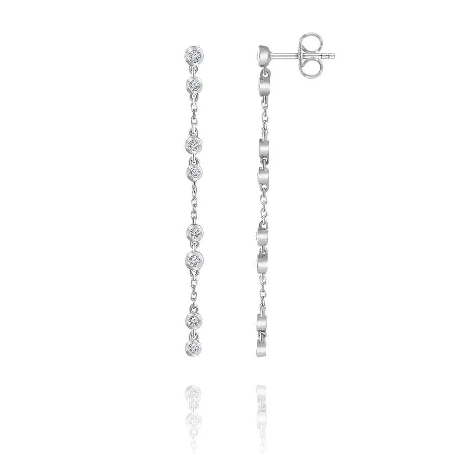 1/3CTW Diamond Bezel Set Long Chain Dangle Gold Stud Earrings