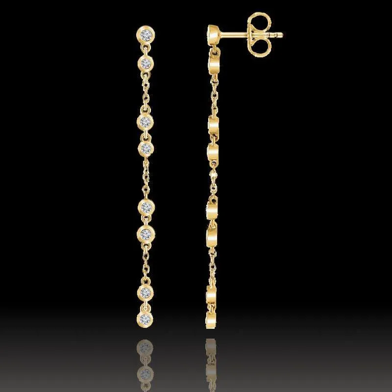 1/3CTW Diamond Bezel Set Long Chain Dangle Gold Stud Earrings