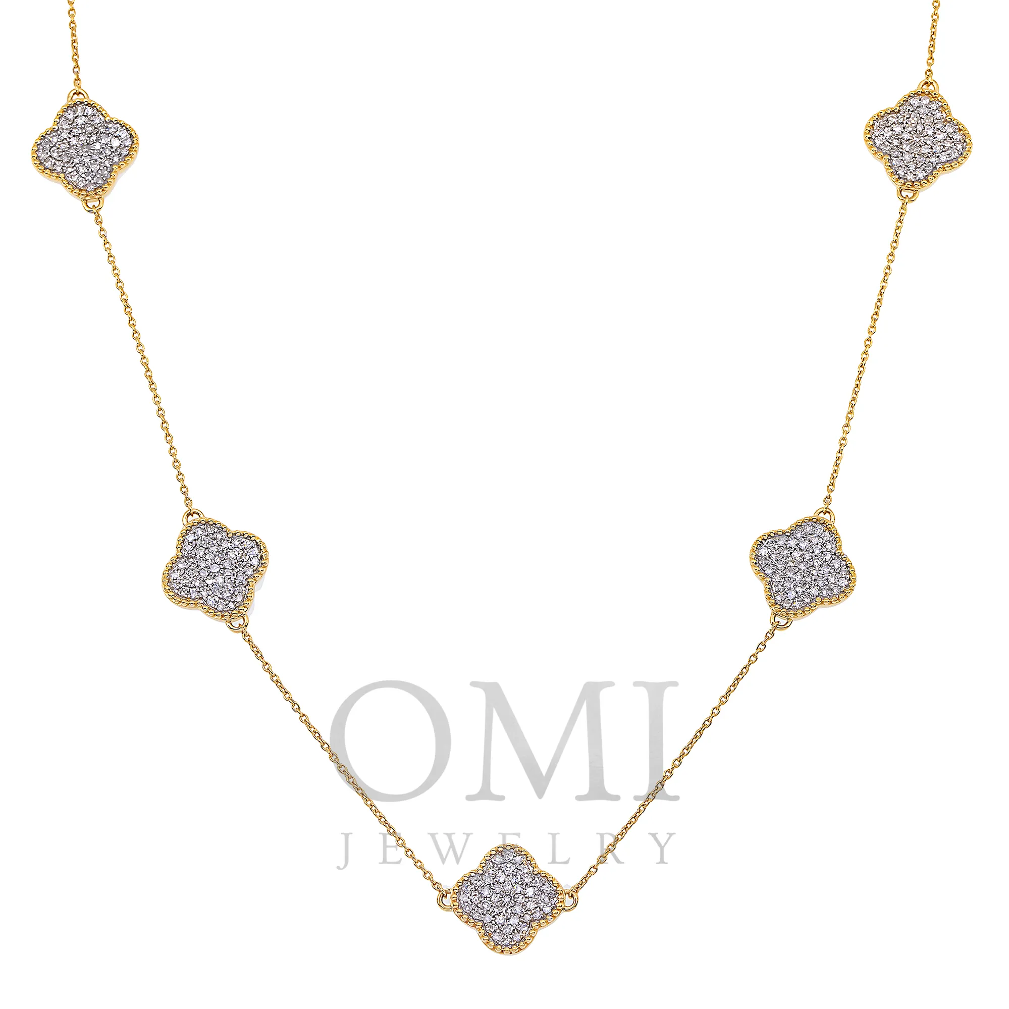 14K GOLD ROUND DIAMOND CLOVER NECKLACE 1.54 CT