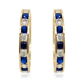 14k Gold Round Sapphire and Clear CZ Hoop Earrings