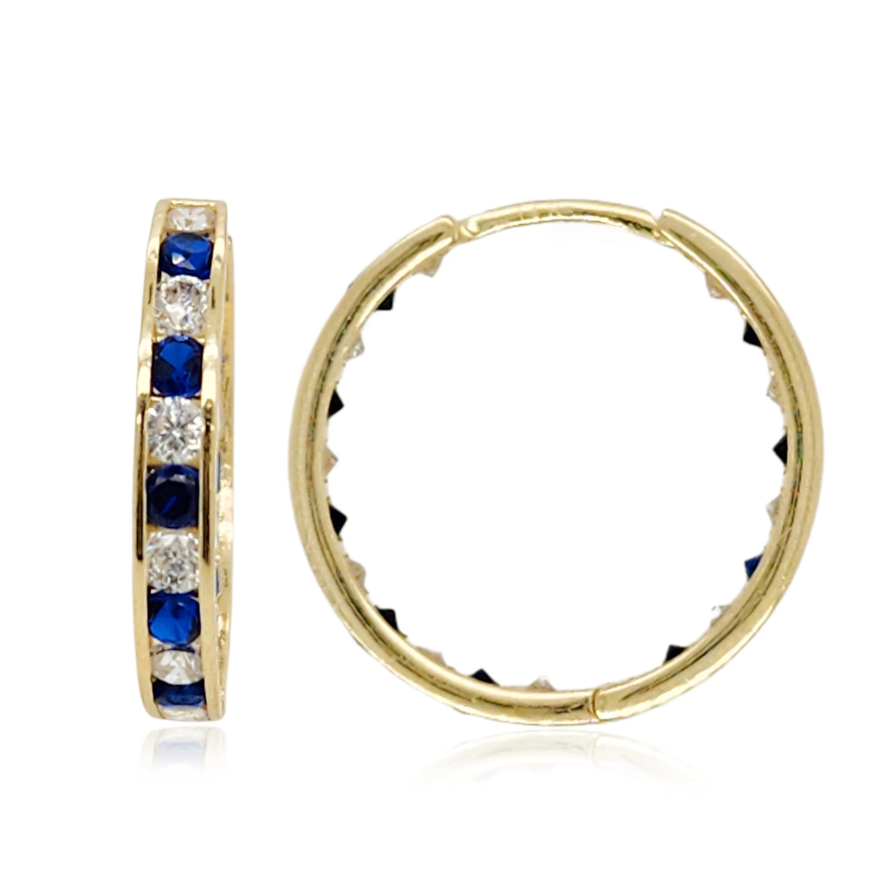 14k Gold Round Sapphire and Clear CZ Hoop Earrings