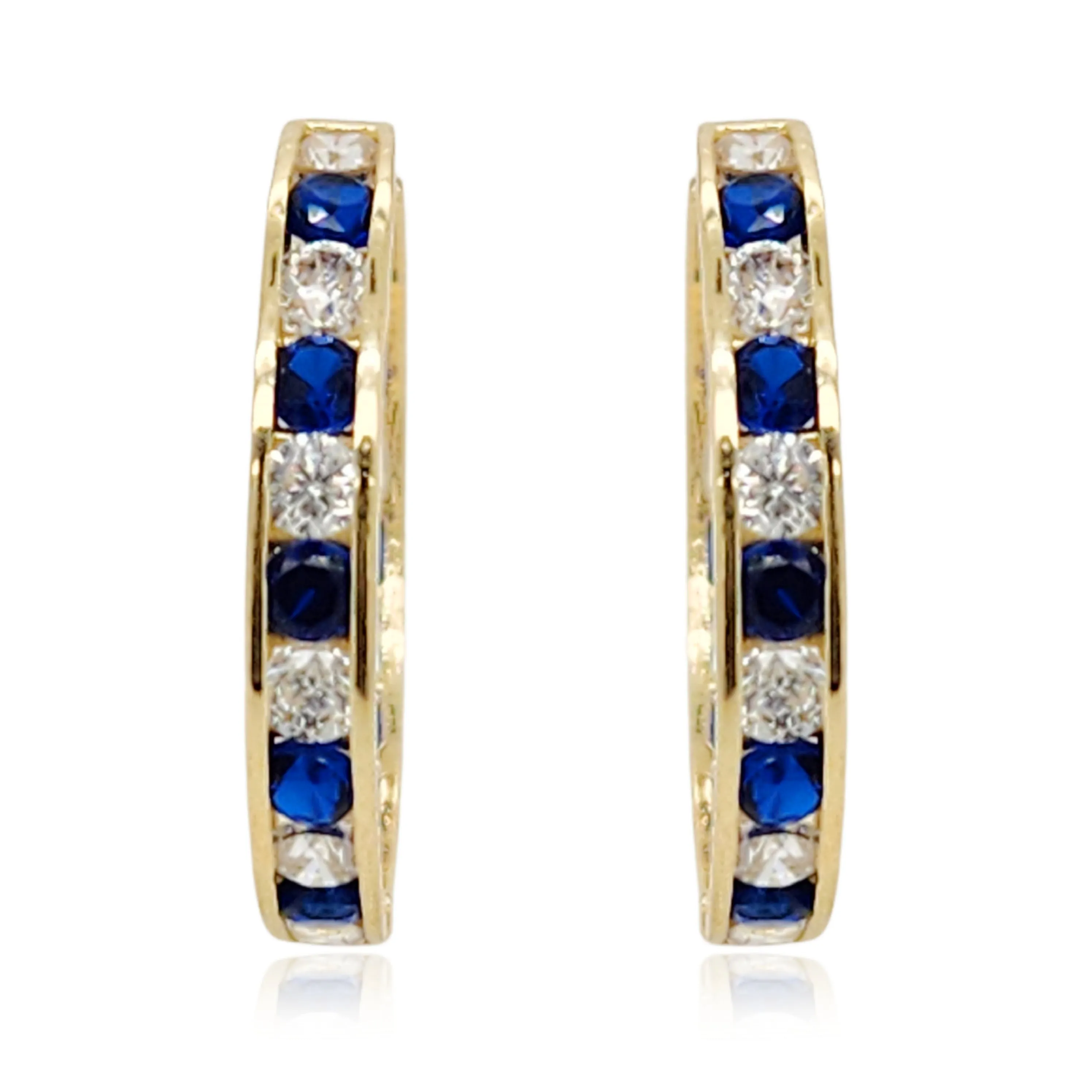 14k Gold Round Sapphire and Clear CZ Hoop Earrings