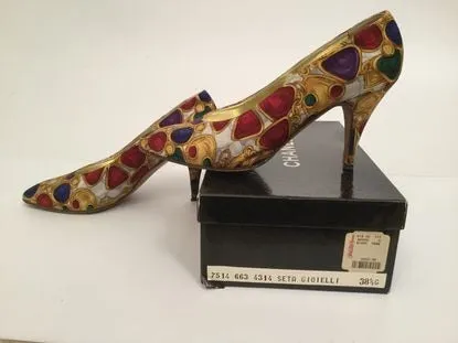 1989 Chanel Vintage With Box! Satin CC logo Jewelry Heels EU 38.5 US 7.5/8