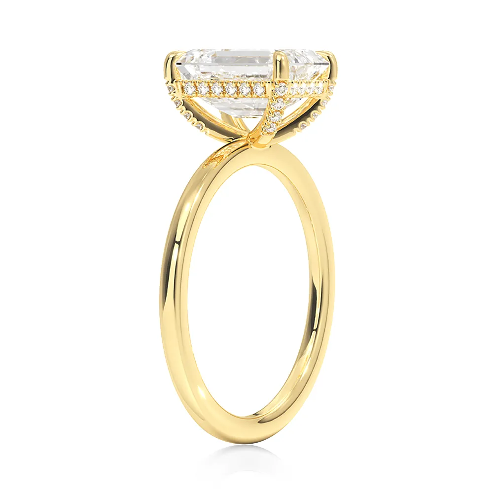 4 Prong Emerald Cut Engagement Ring With Hidden Halo