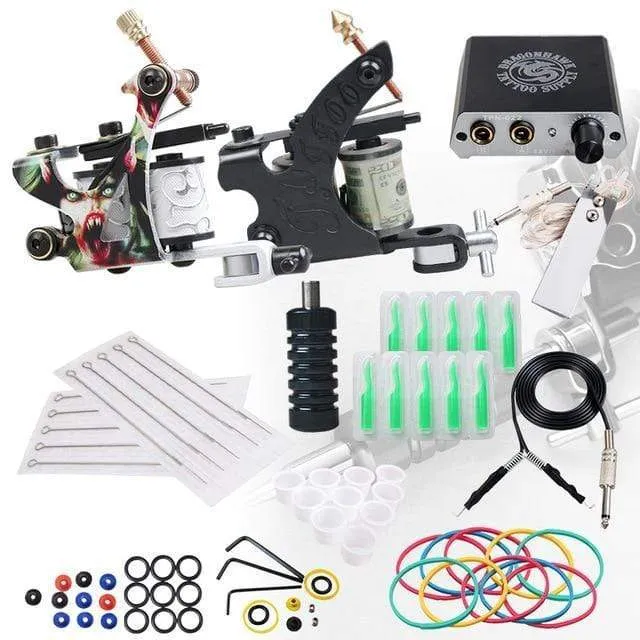 Beginner Complete Tattoo Kit 2 Machines Gun Set Power Supply Grips Body Art Tools Set Permanent Makeup Tattoo set