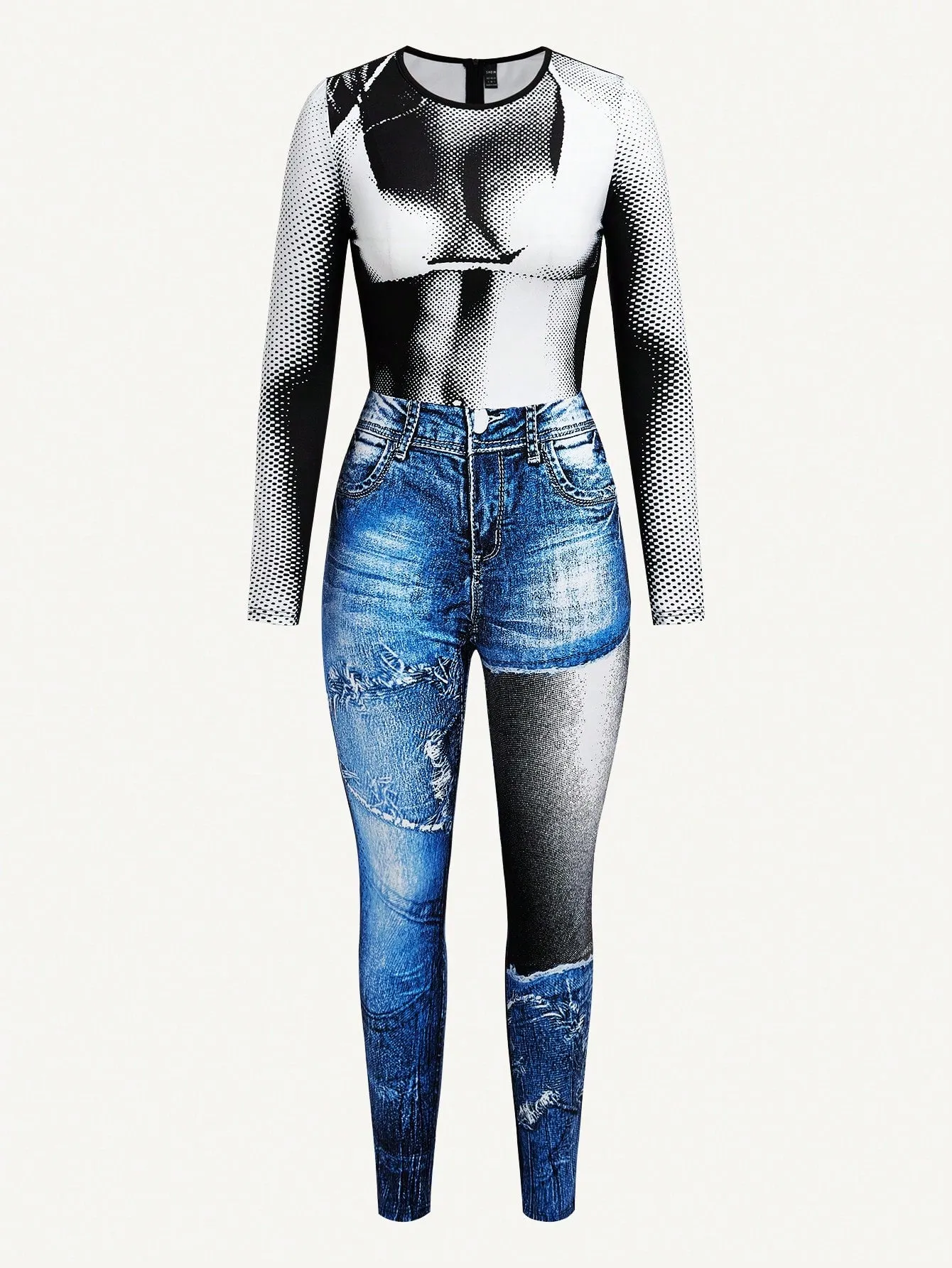 Body Heat Print Denim Effect Unitard Jumpsuit