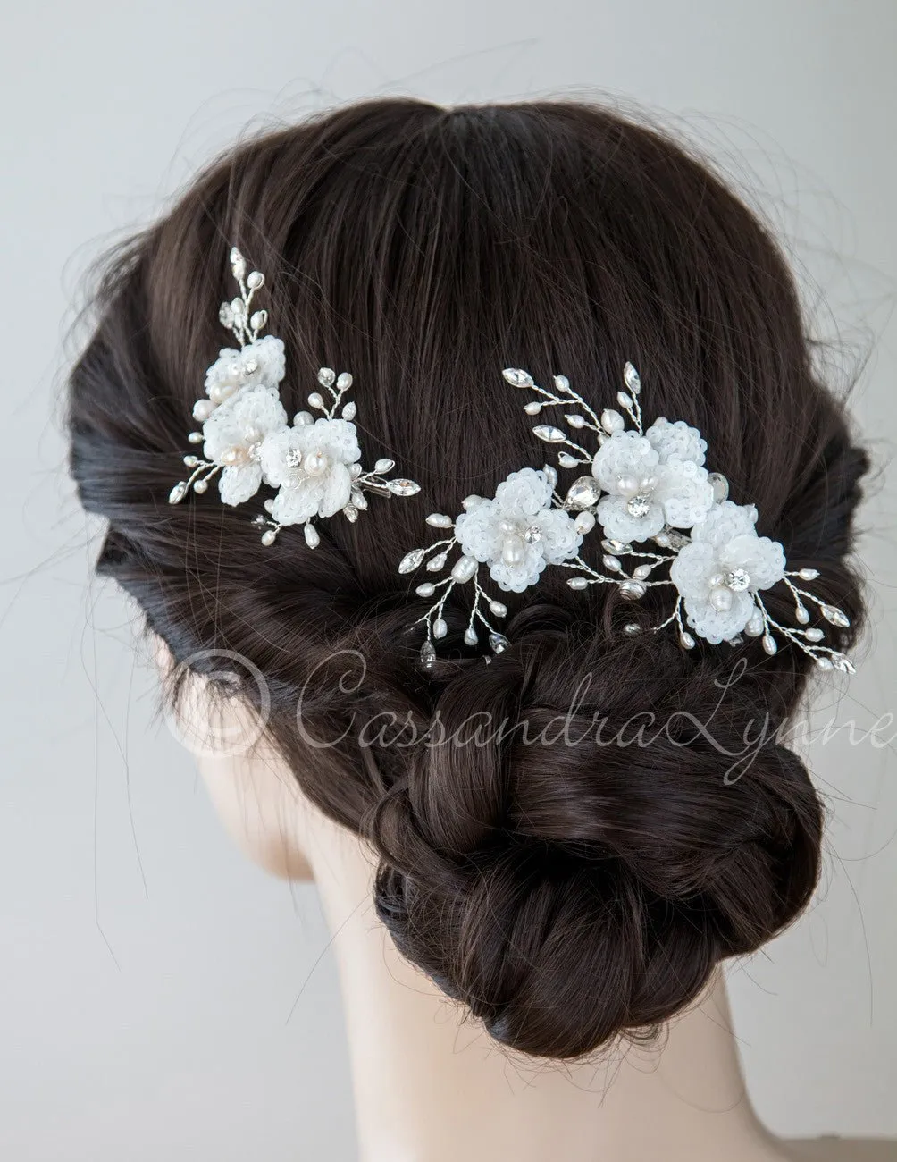 Bridal Clip Set of Sequin Flowers and Pearls