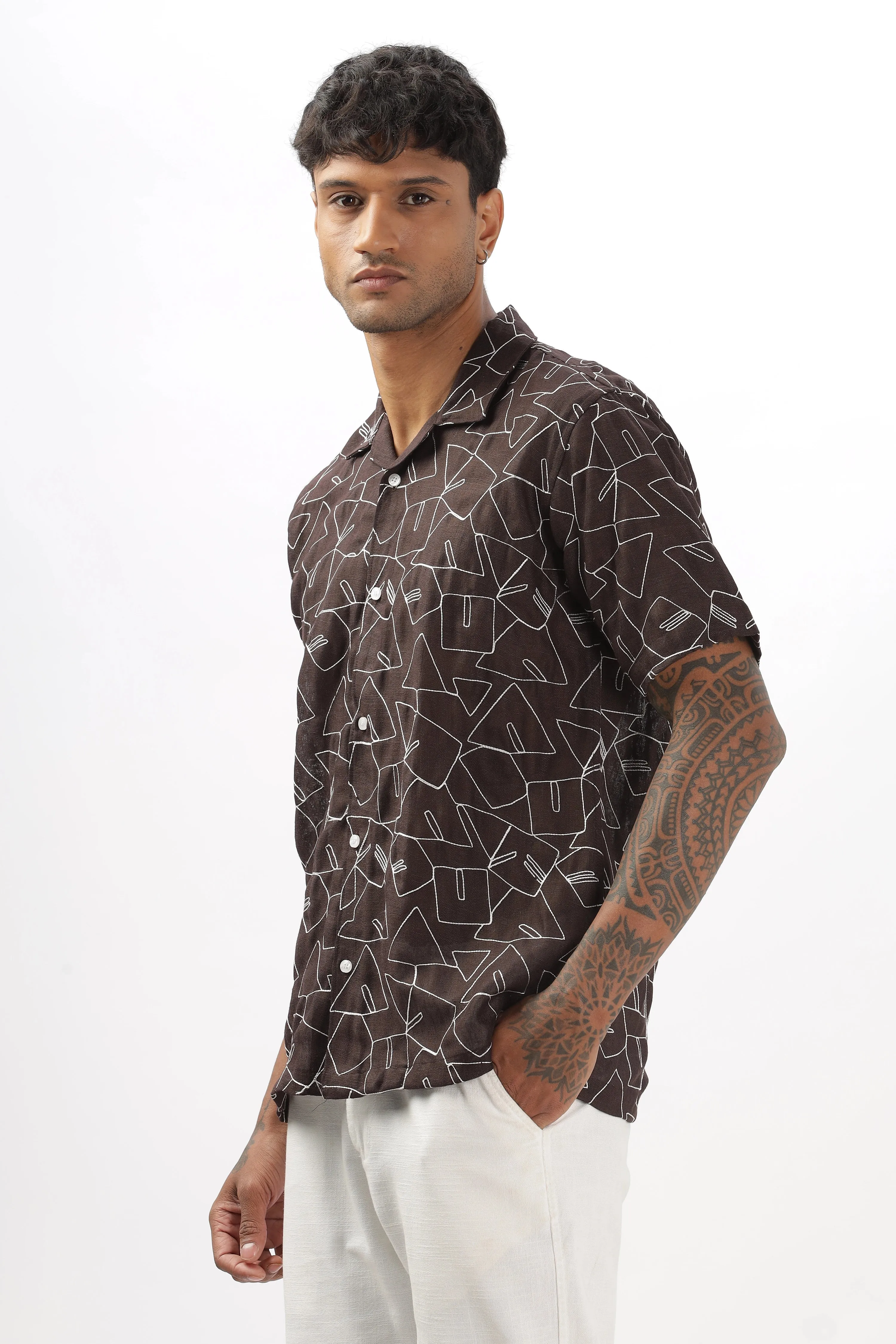 Brown abstract linen embroidered half sleeve shirt