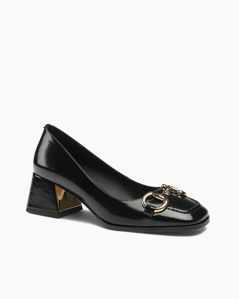 Classic Metal Buckle Patent Leather Mid Heel Shallow Mouth Loafers