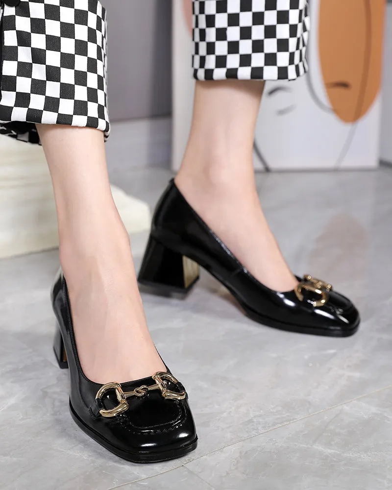 Classic Metal Buckle Patent Leather Mid Heel Shallow Mouth Loafers