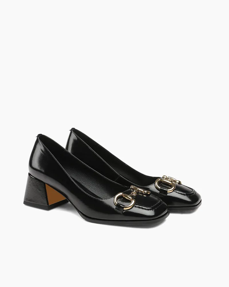 Classic Metal Buckle Patent Leather Mid Heel Shallow Mouth Loafers