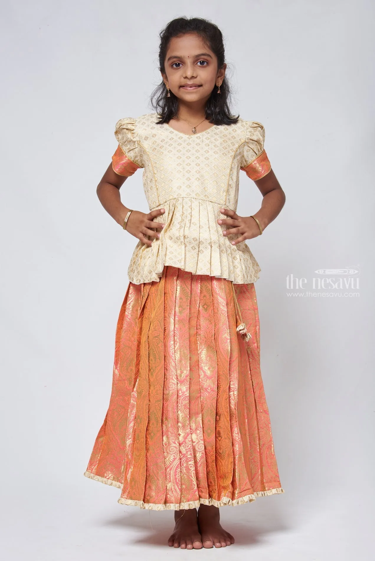 Classy Brocade Beige Peplum Top with Banarasi Salmon Pattu Langa: Authentic Silk Ensemble