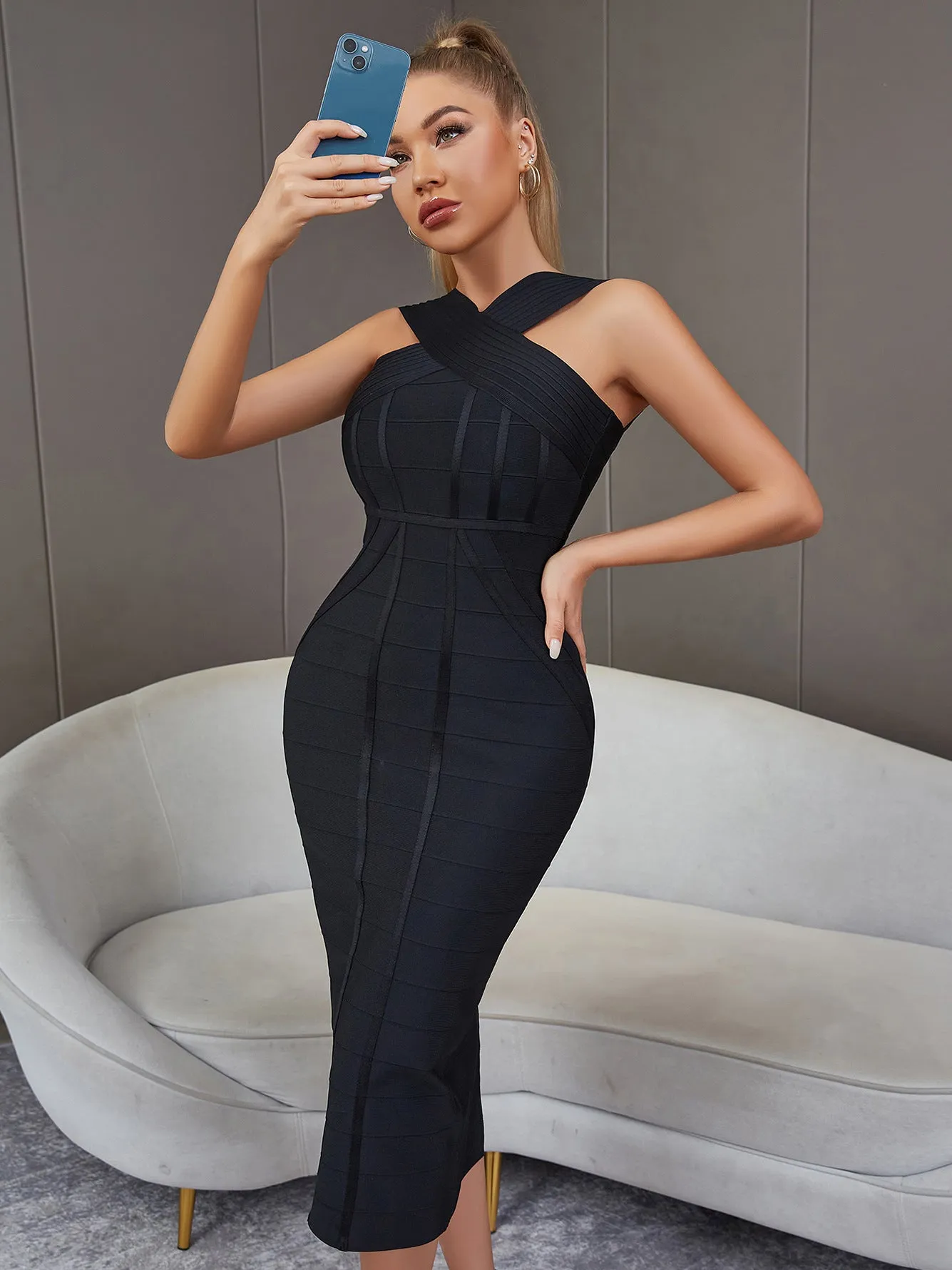 Crisscross Zip-Back Slit Bandage Dress