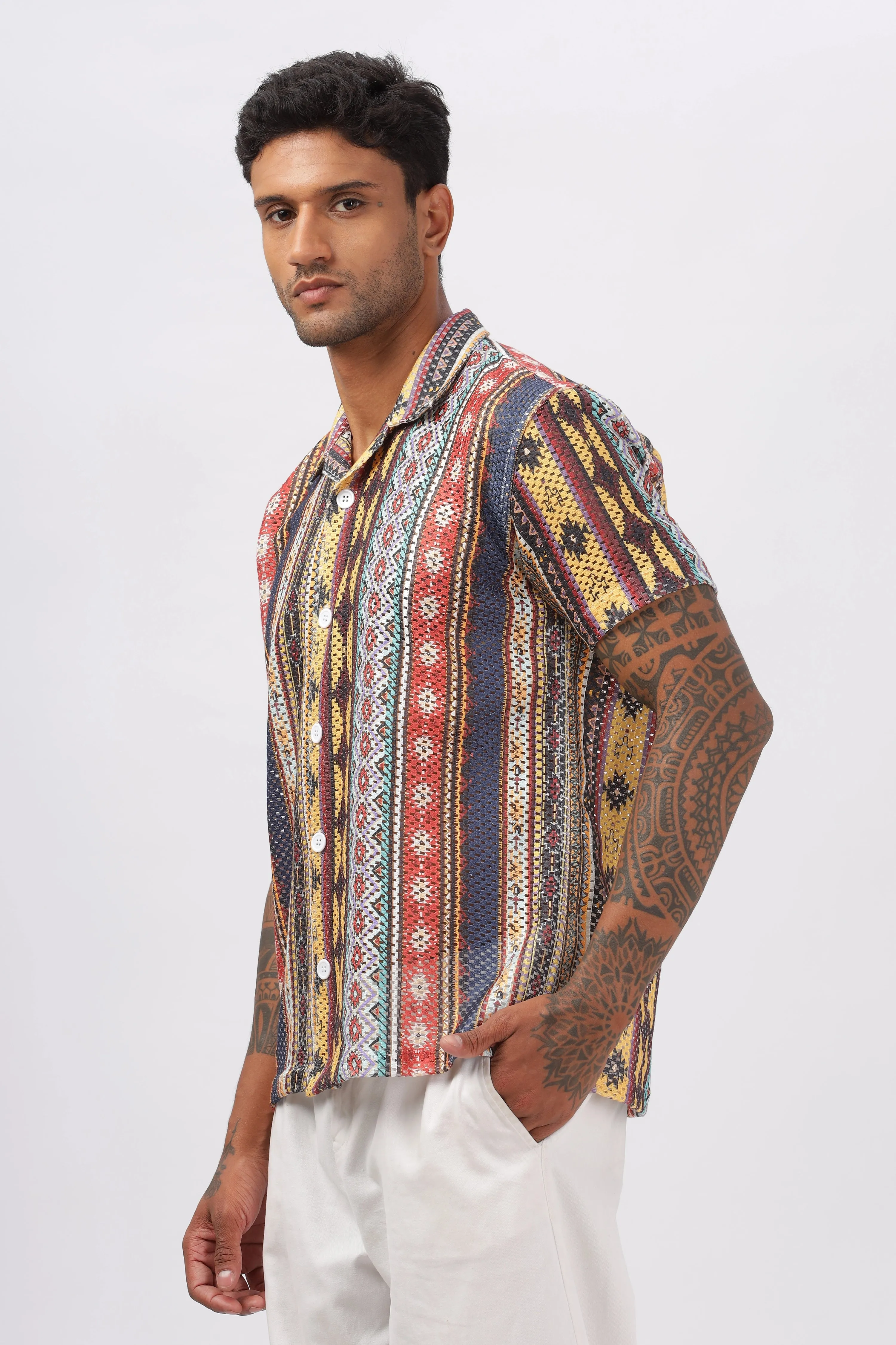 Crochet ethinic stripe printed shirt