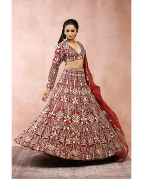 Dark Red Bagh Embroidered Lehenga Set