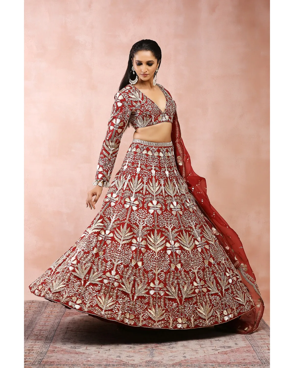 Dark Red Bagh Embroidered Lehenga Set