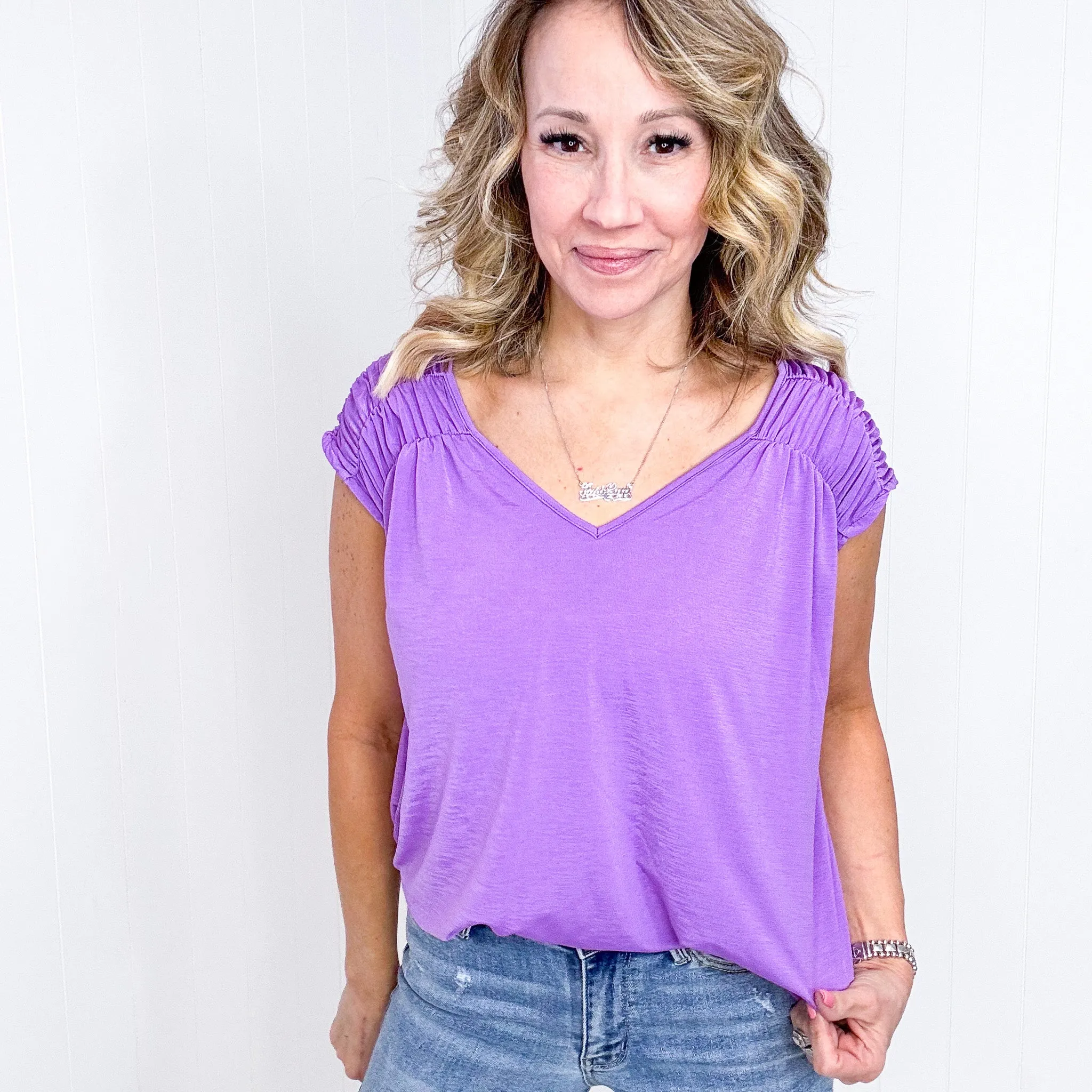 Dear Scarlett Ruched Cap Sleeve Top in Lavender