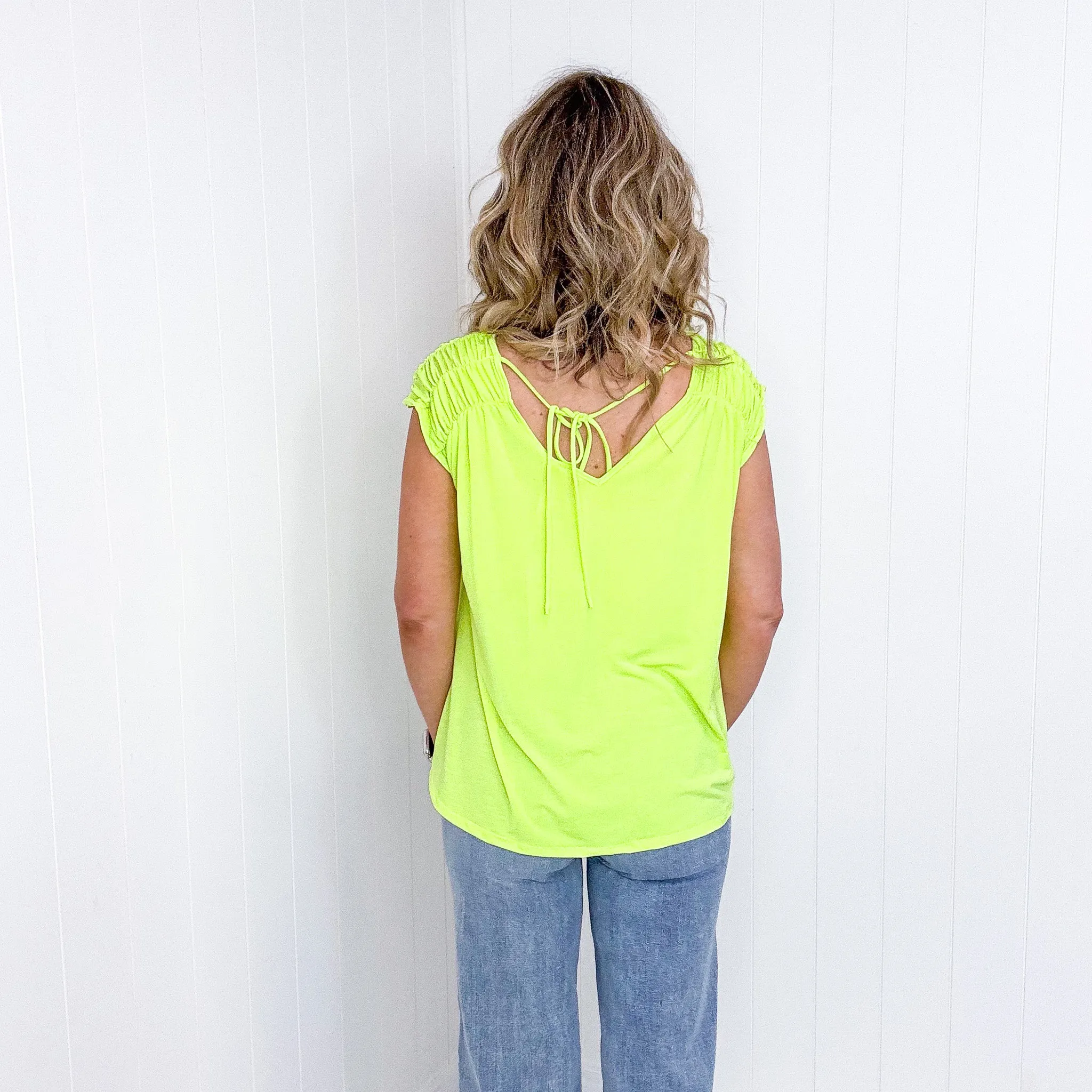 Dear Scarlett Ruched Cap Sleeve Top in Neon Green