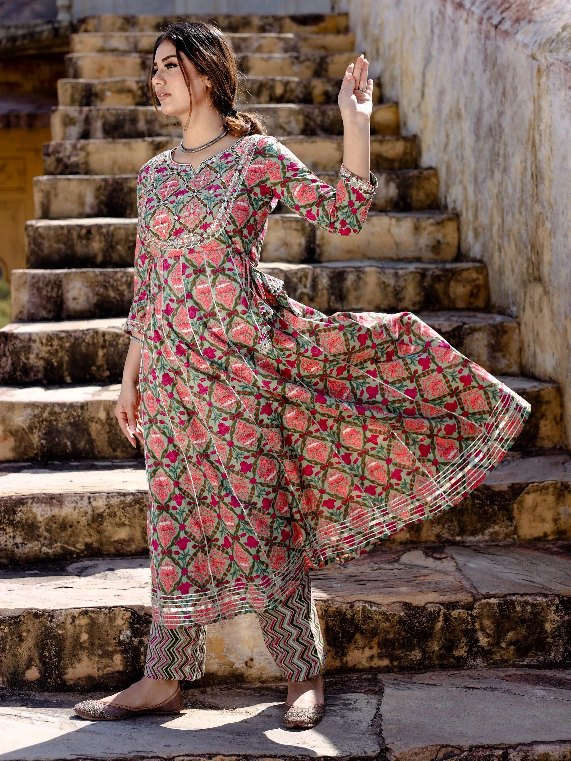 Divena Green Floral Printed Anarkali Kurta Pant Sets