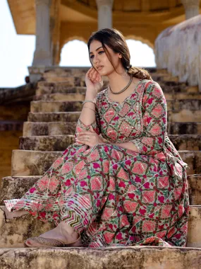 Divena Green Floral Printed Anarkali Kurta Pant Sets