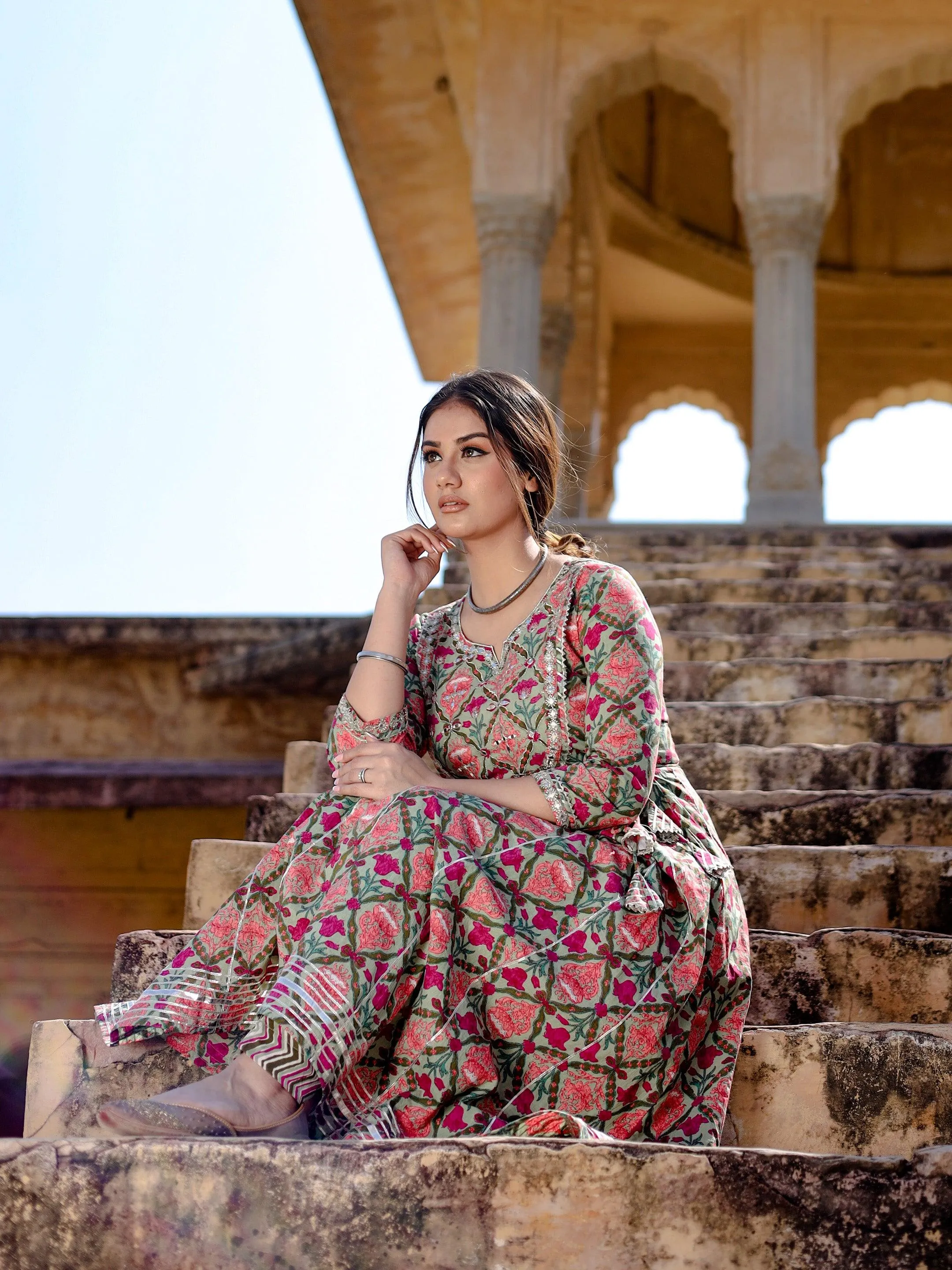 Divena Green Floral Printed Anarkali Kurta Pant Sets