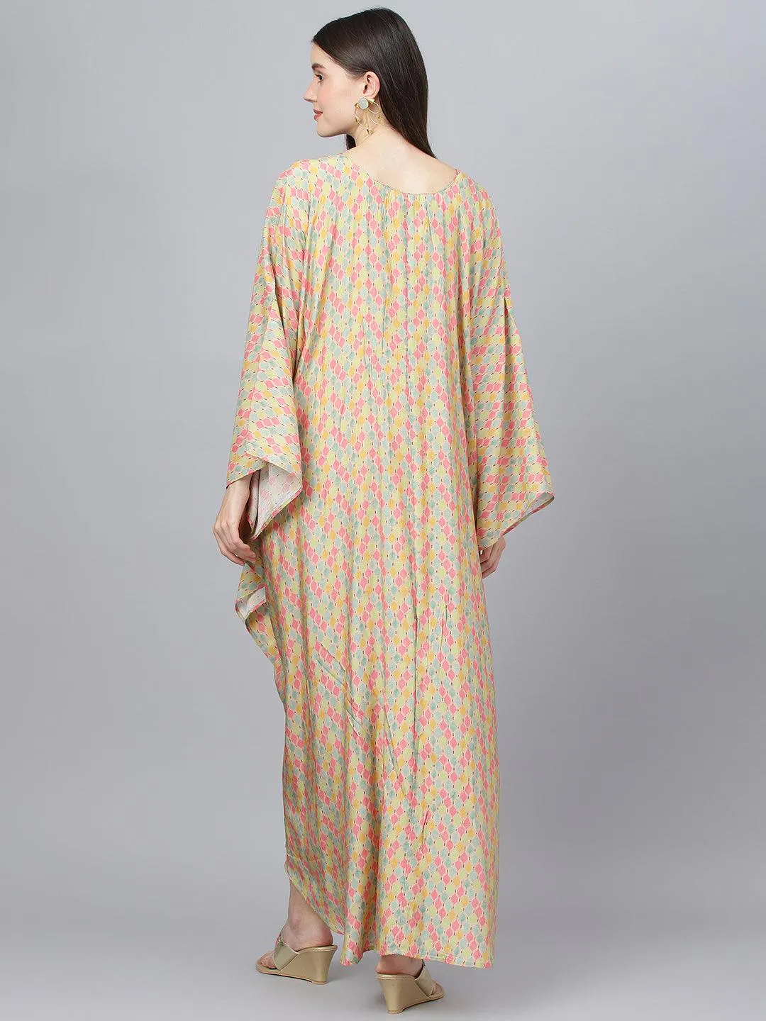 Divena Multi Color Printed Muslin Flared Kaftan Dress