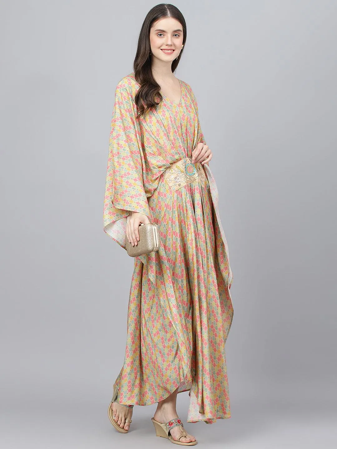 Divena Multi Color Printed Muslin Flared Kaftan Dress