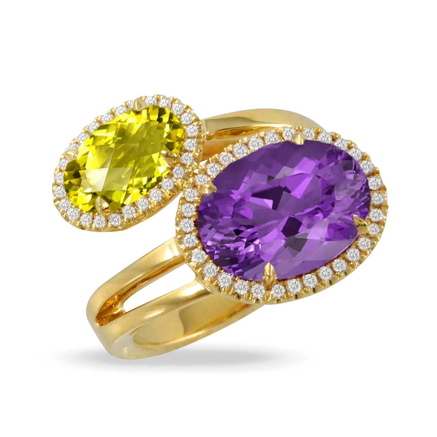 Doves Viola Lemon Quartz & Amethyst Bypass Diamond Halo Ring 18K