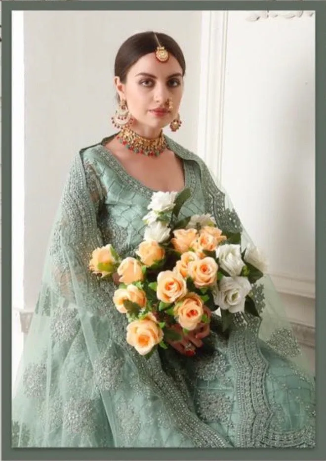 Embroidered Net Lehenga in Sea Green