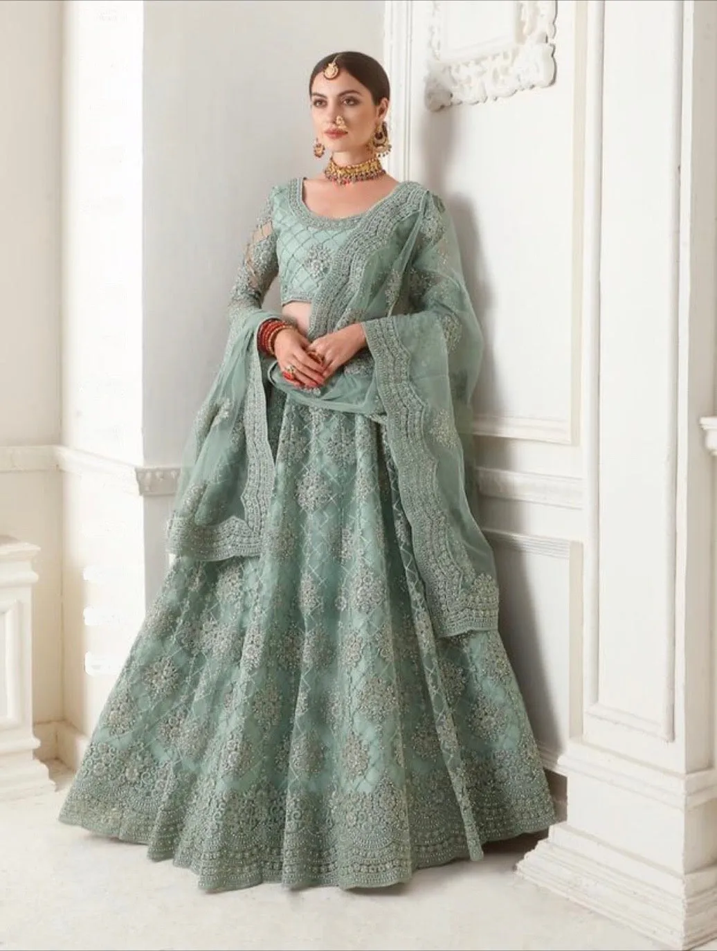 Embroidered Net Lehenga in Sea Green