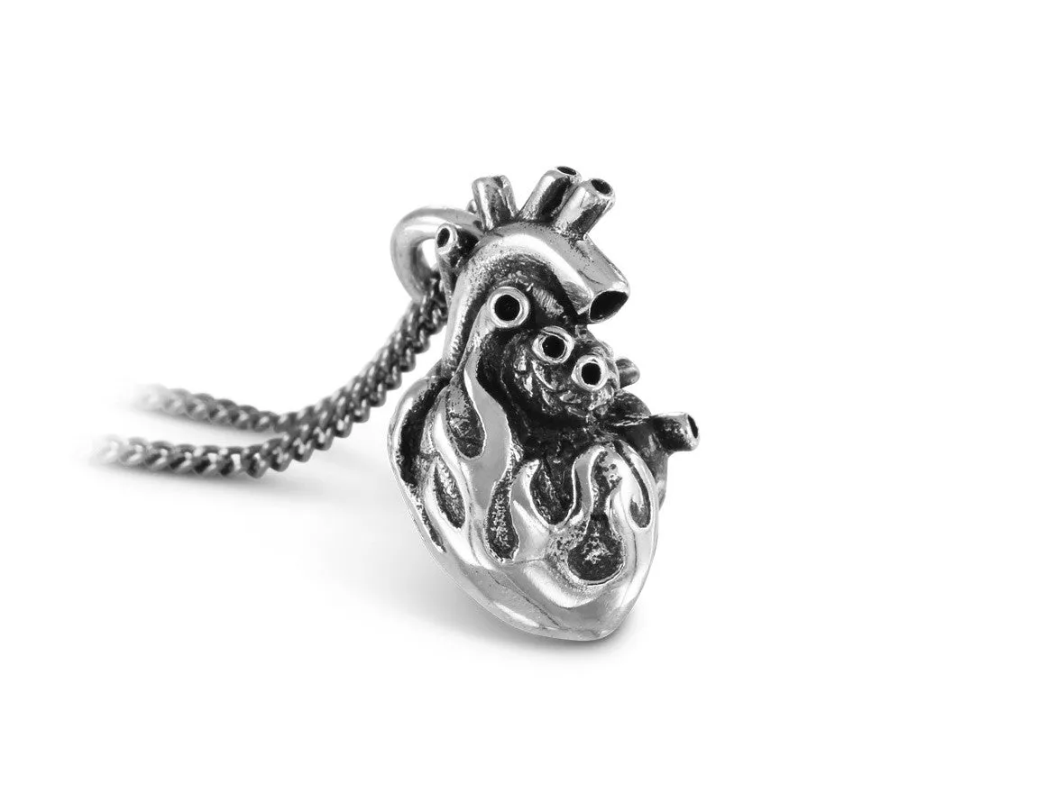 Flaming Anatomical Heart Necklace - Silver