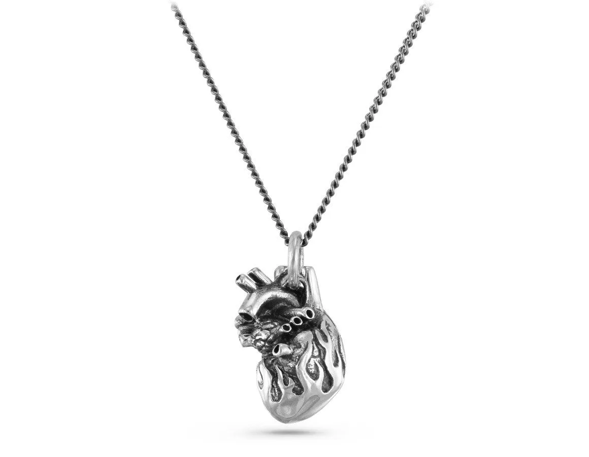 Flaming Anatomical Heart Necklace - Silver