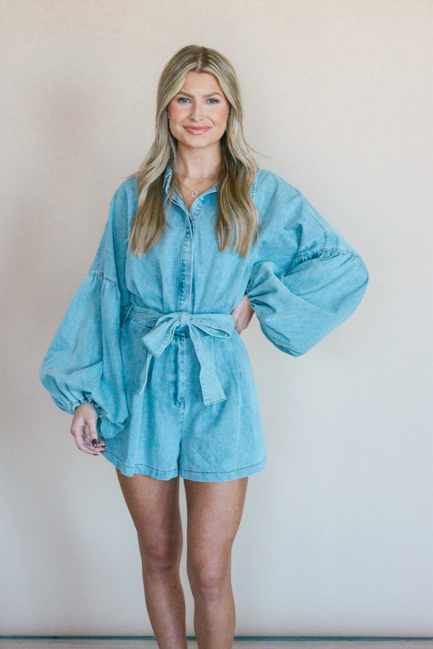 Forever on My Mind Denim Balloon Sleeve Romper