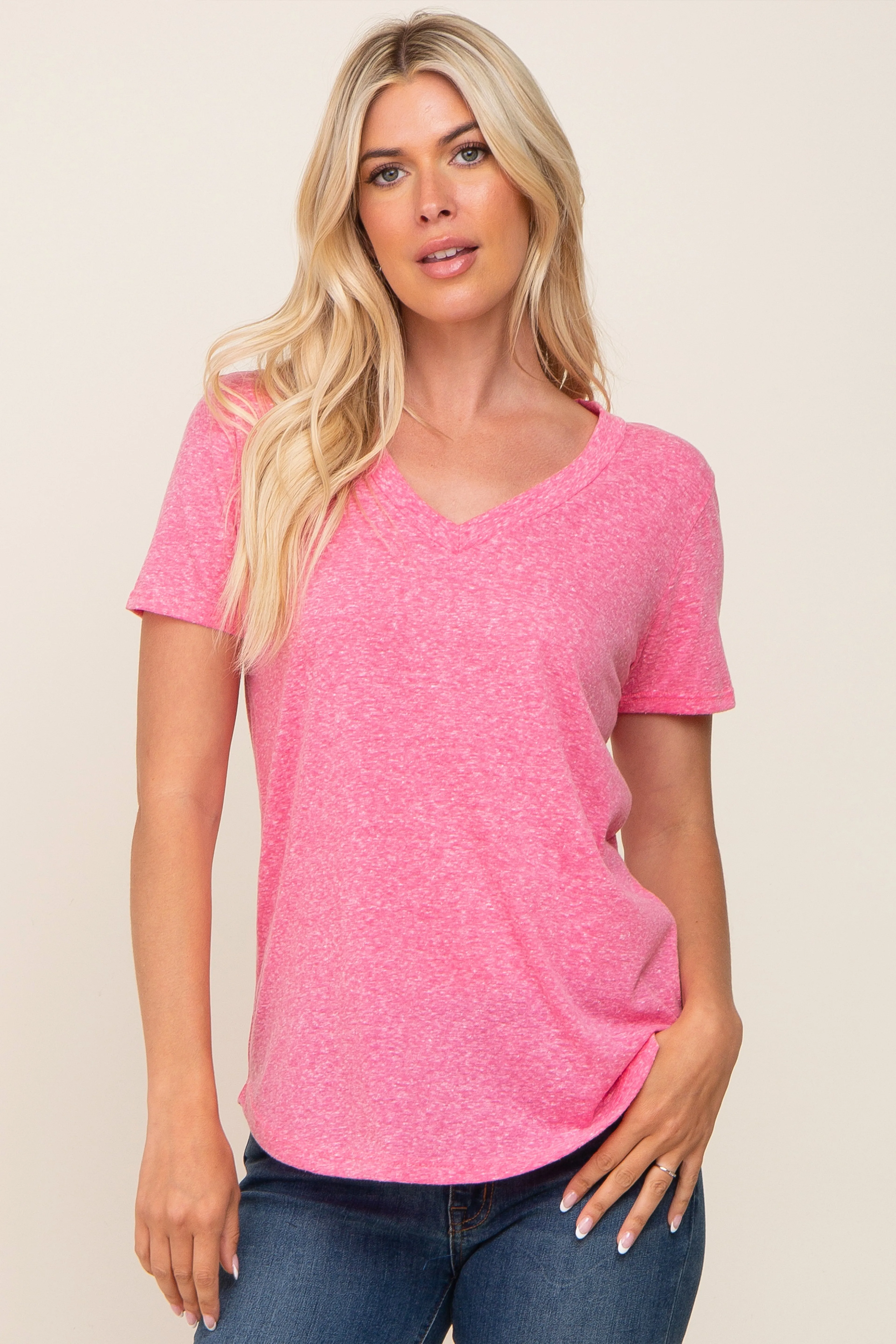 Fuchsia V-Neck Short Sleeve Tee