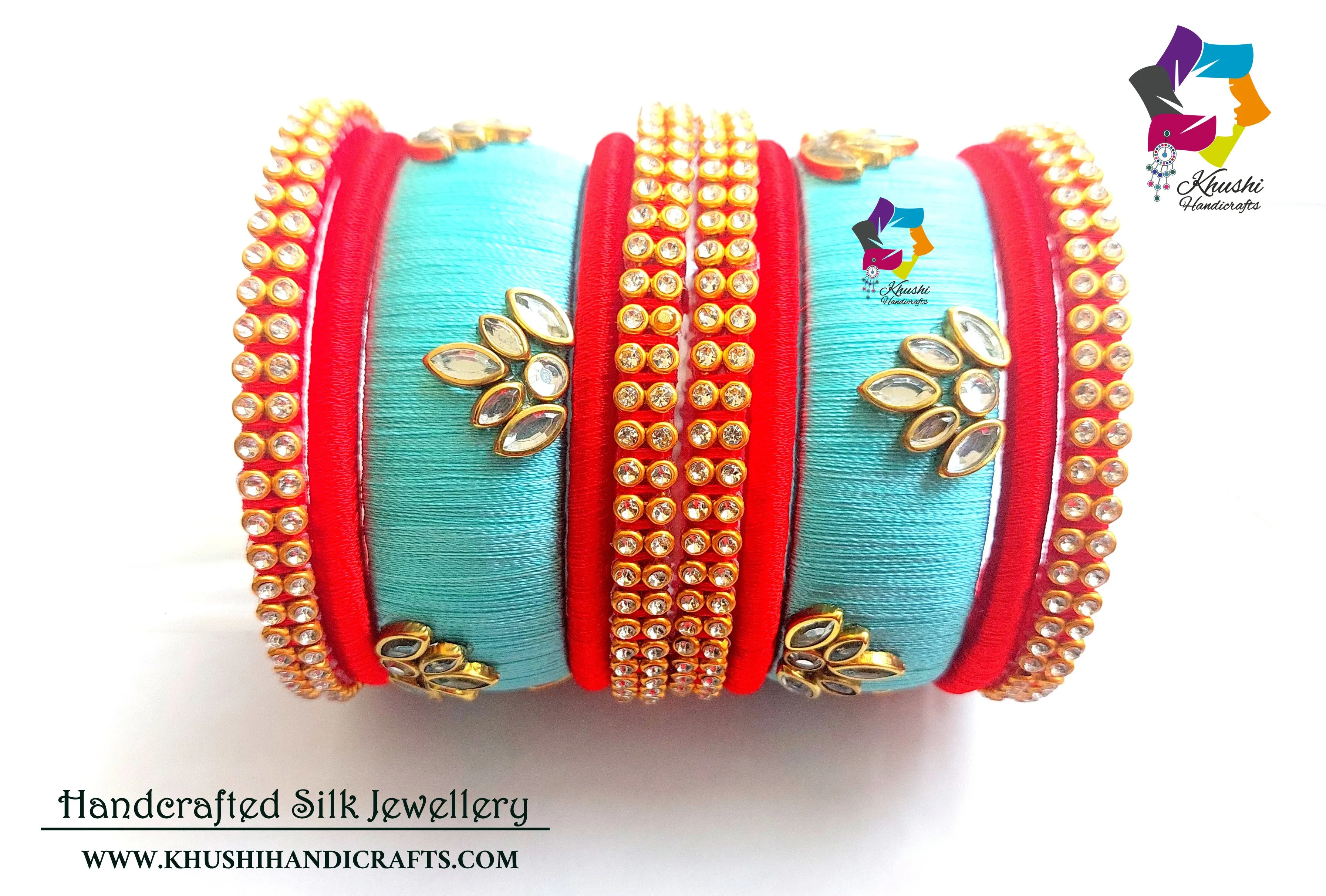 Green and Red Kundan Silk Thread Bangles