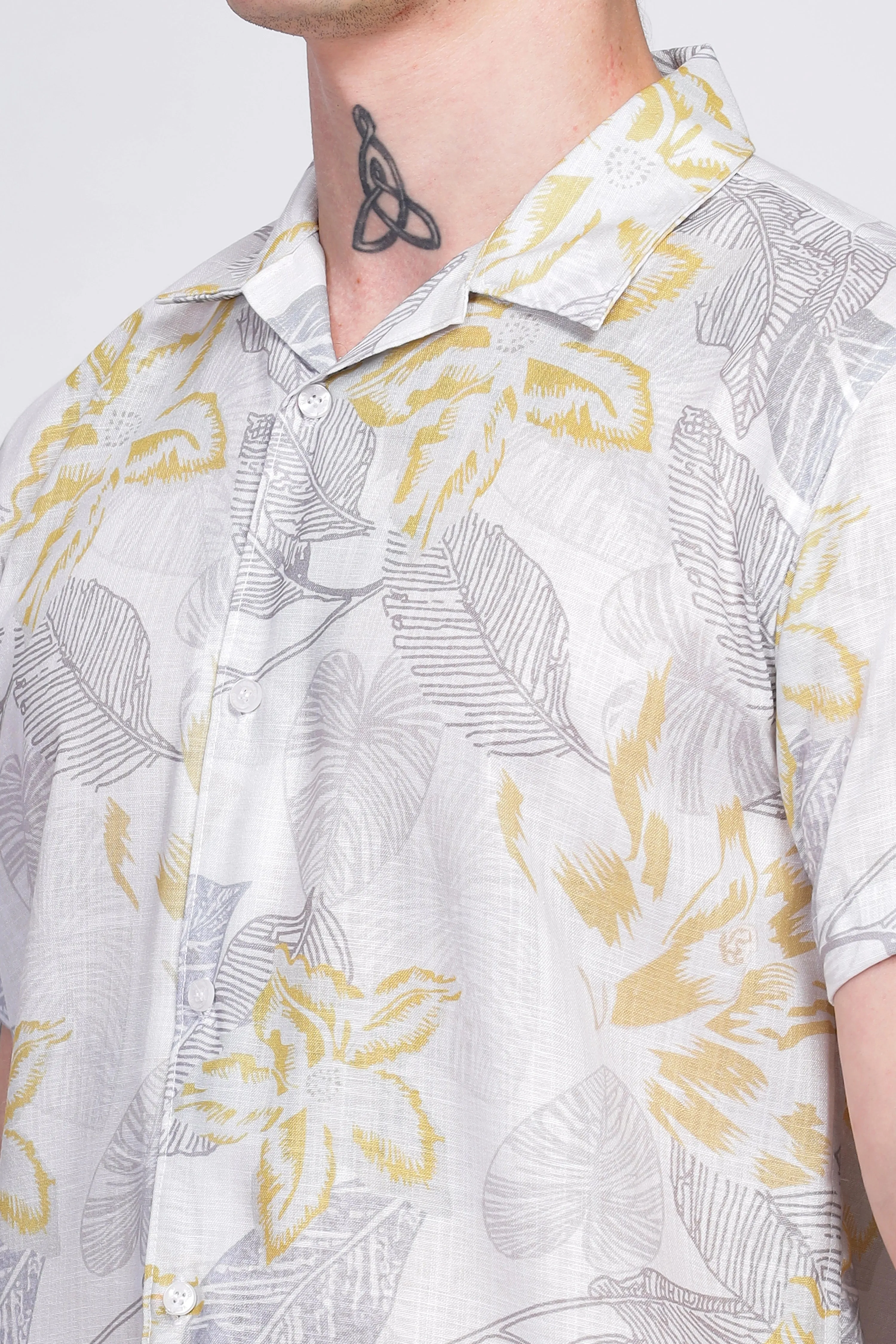 Leaf printed linen shirt for men