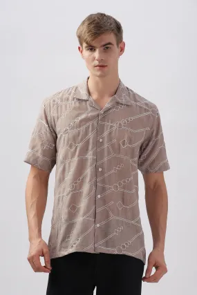 Light brown abstract linen embroidered half sleeve shirt