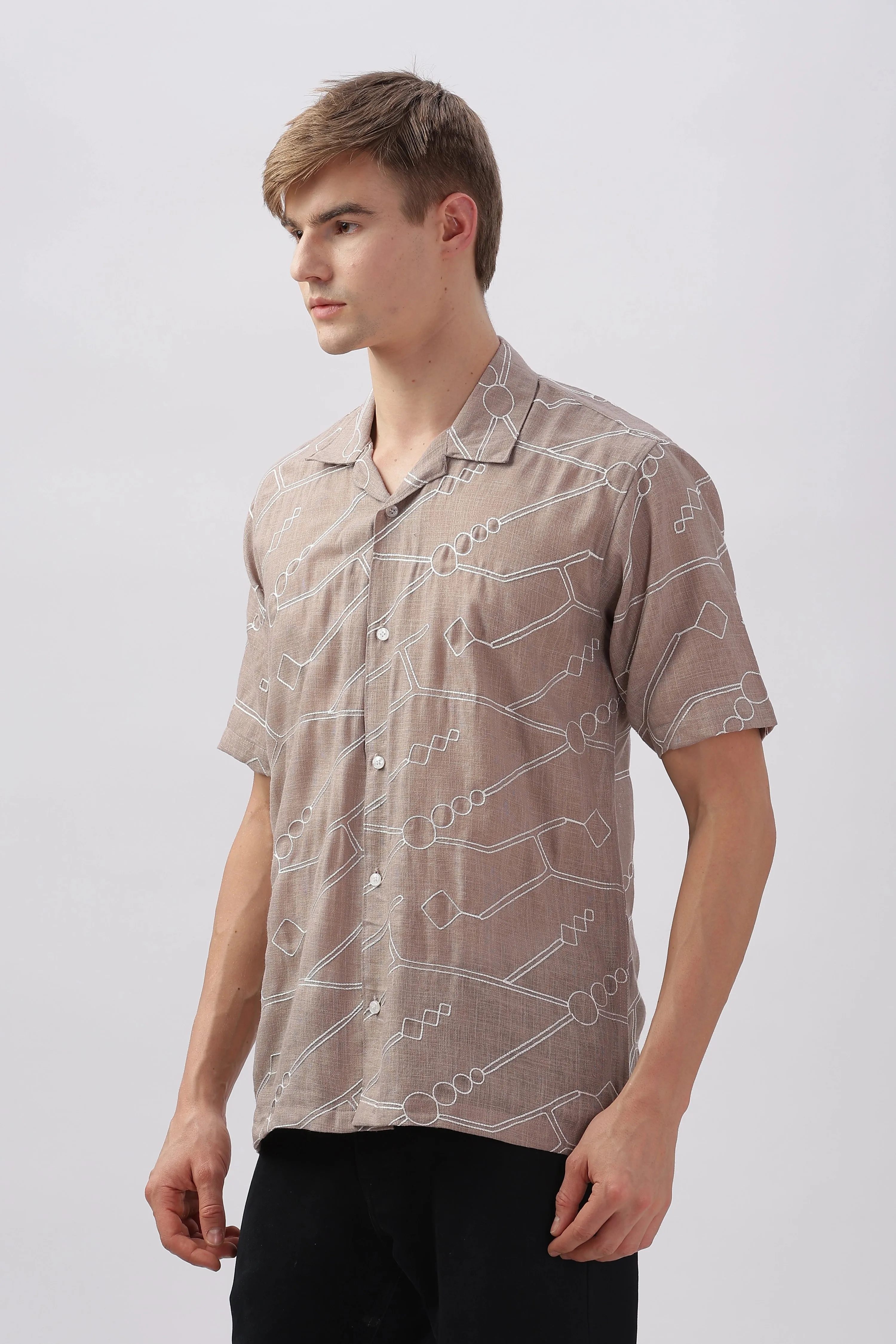 Light brown abstract linen embroidered half sleeve shirt