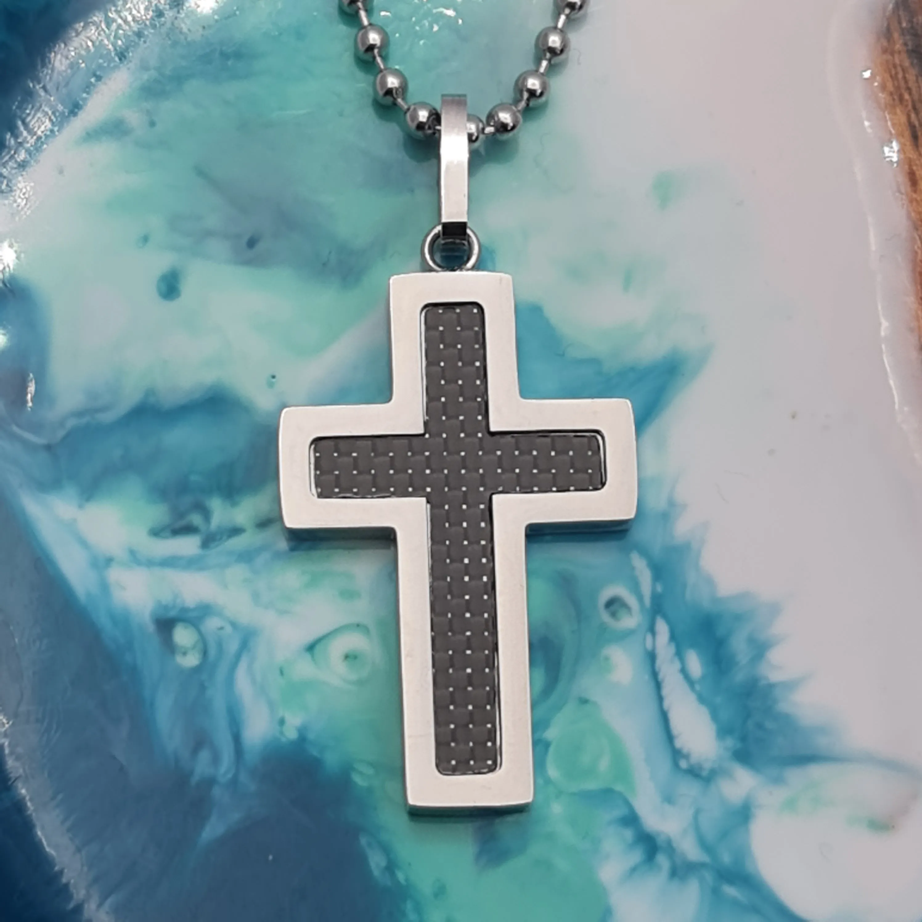 Mens large Carbon Fibre cross stainless steel