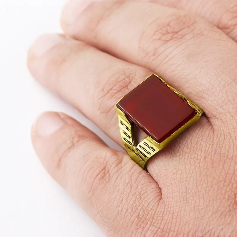 Modern Style Men Ring Real 10K Solid Yellow GOLD Natural Flat Red Agate Gemstone