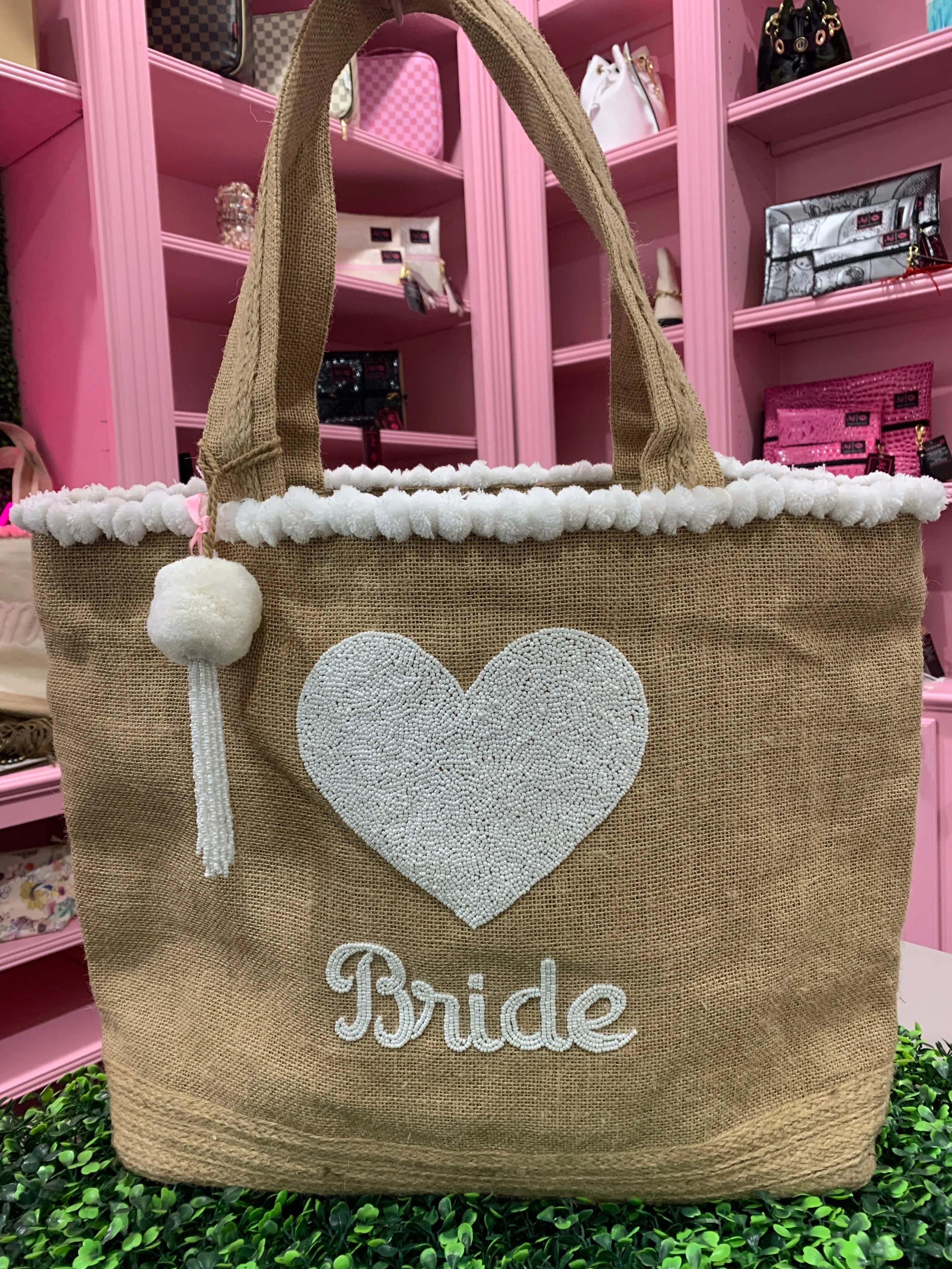 Pom Pom Bride Beaded Canvas Tote