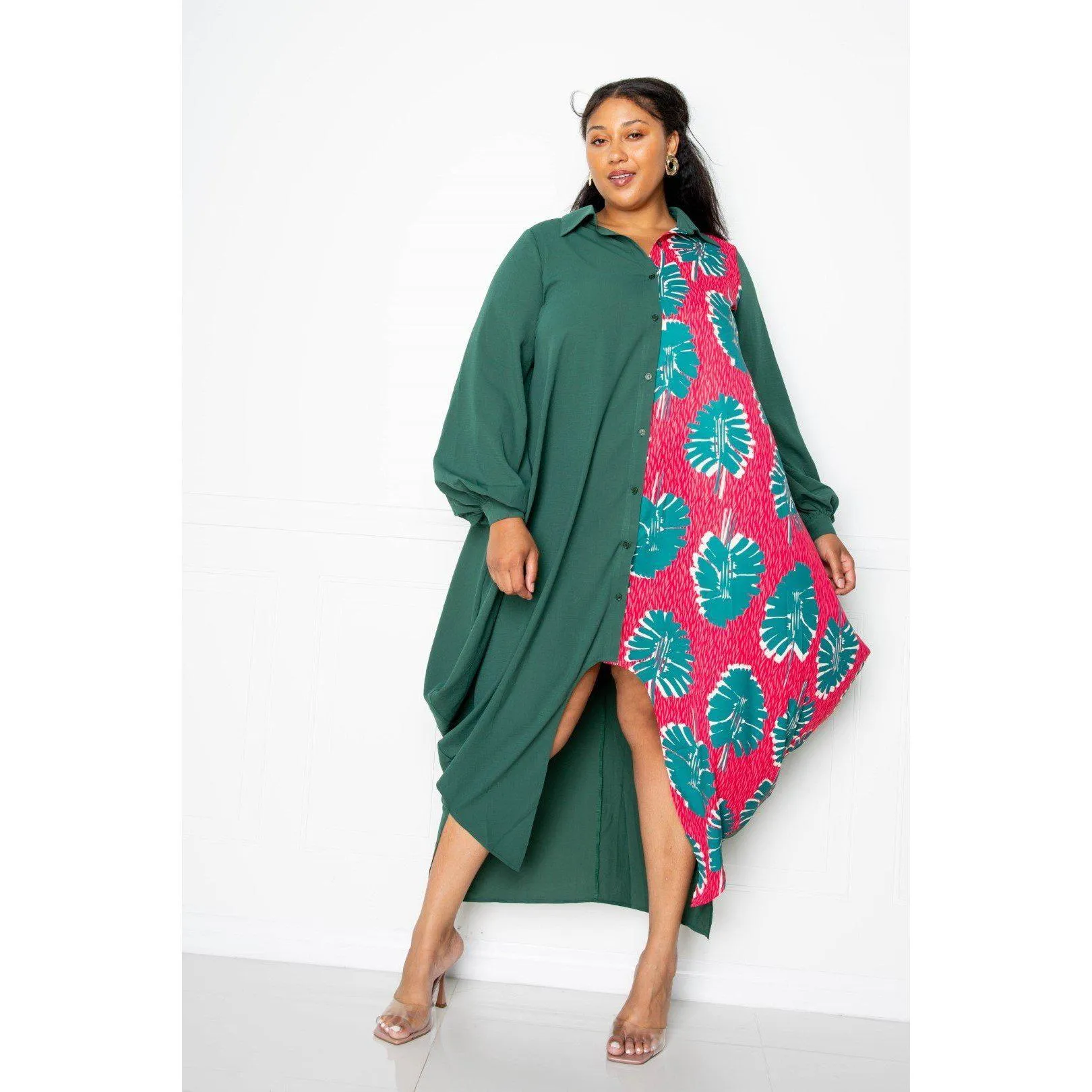 Print Drapy Shirt Maxi Dress