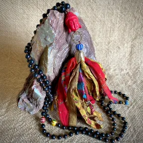 Shungite Bead Mala with Red Cinnabar Buddha Bead and Tassel